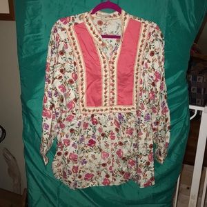 Cream and coral long sleeve boho top